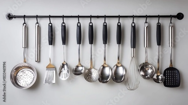 Obraz Stainless Steel Kitchen Utensils on Black and White Background