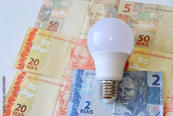 Obraz Conta de Luz (electricity bill in Portuguese) post-it reminder stuck on a light bulb, Brazilian Real banknotes and calculator. Electricity bill in Brazil concept.