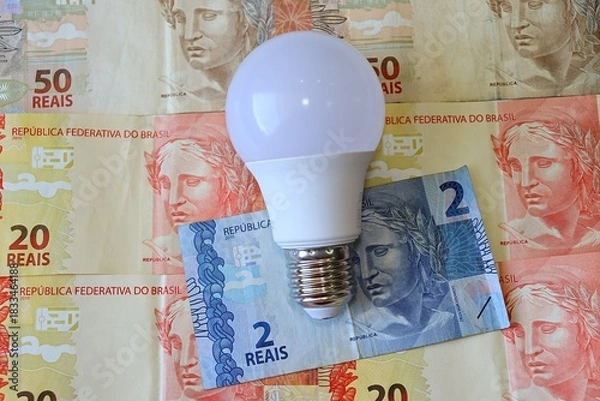 Obraz Conta de Luz (electricity bill in Portuguese) post-it reminder stuck on a light bulb, Brazilian Real banknotes and calculator. Electricity bill in Brazil concept.
