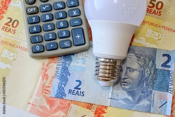 Obraz Conta de Luz (electricity bill in Portuguese) post-it reminder stuck on a light bulb, Brazilian Real banknotes and calculator. Electricity bill in Brazil concept.