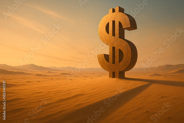 Obraz Massive cracked dollar symbol standing in empty desert landscape at sunset as metaphor for financial crisis, inflation and economic collapse
