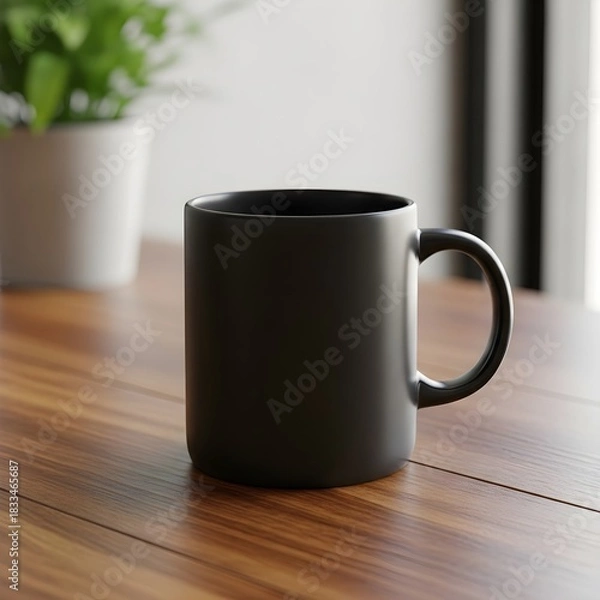 Obraz Dark ceramic coffee mug with handle resting on a textured wooden table surface