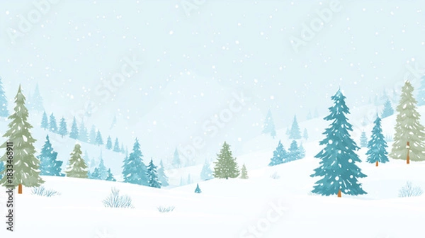Fototapeta 冬の雪山と針葉樹の広がる雪景色のイラスト
