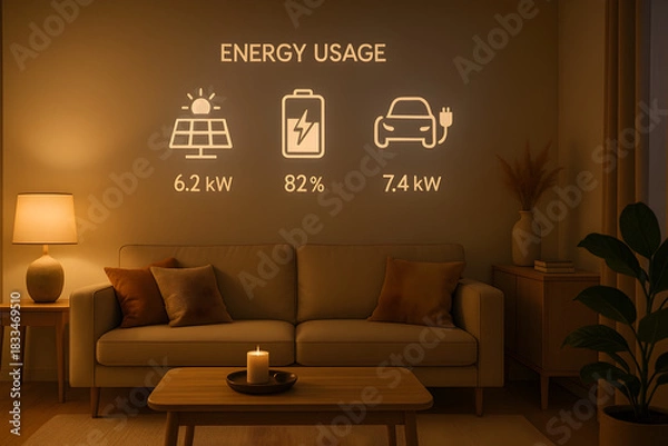 Obraz Cozy smart home living room showing illuminated energy usage dashboard for solar power, battery storage level and electric vehicle charging consumption
