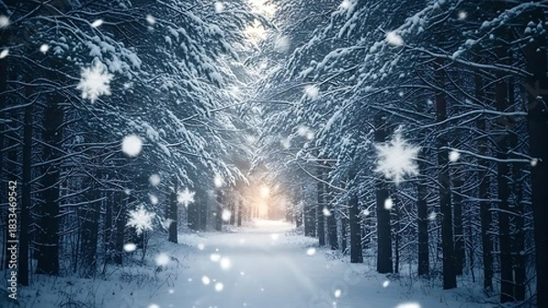Obraz Snowy forest path with light at the end, winter wonderland scene.