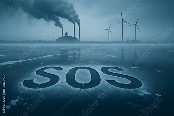 Obraz Bleak industrial landscape with sos message carved in cracked ice highlighting climate crisis, factory pollution, emissions and urgent need for renewable wind energy
