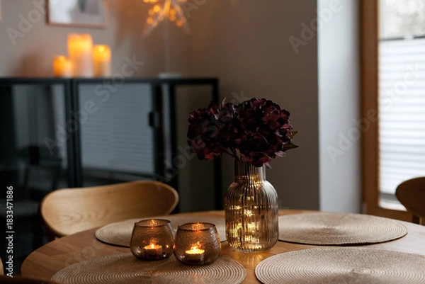 Obraz Led lights and interior decor on wooden table in scandinavian room. Hygge life style.
