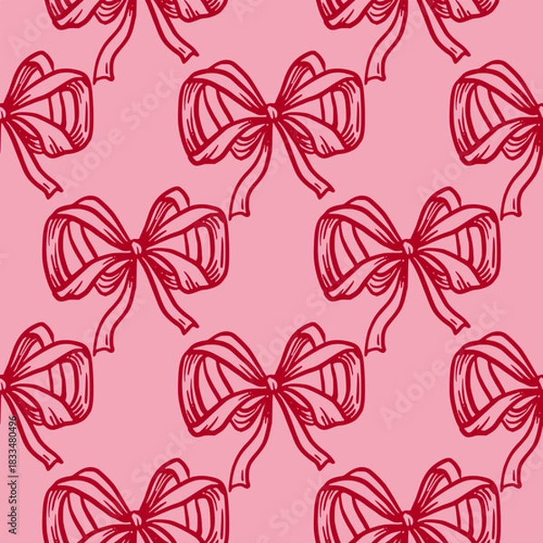 Fototapeta Bow ribbon vector seamless pattern in doodle sketch style with hand draw outline. Red on pink creates a cute romantic look. Good for card and holiday background. Perfect for simple fabric print ideas.