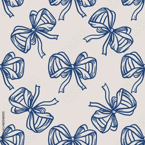 Fototapeta Bow ribbon vector seamless pattern in doodle sketch style with hand drawn line art. Blue on light creates a romantic look. Good for card and holiday background. Perfect for simple fabric print ideas.