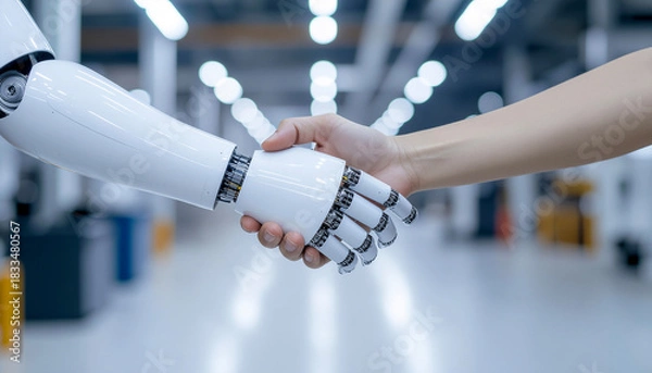 Fototapeta Human and AI Robot Interaction — Collaborative Human-Machine Partnership Visualization