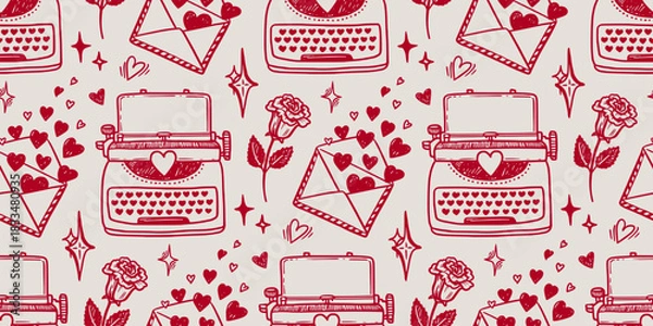 Fototapeta Love letter vector seamless pattern with typewriter and heart in doodle sketch style with hand drawn outline. Red on pink creates romantic look for valentine day design. Nice for cute card background.