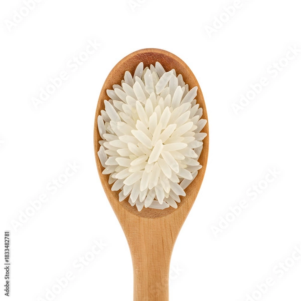 Obraz Uncooked long-grain white rice grains artistically arranged in a wooden spoon, isolated on a white background.