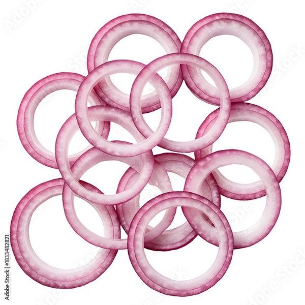Obraz Vibrant purple-red thinly sliced red onion rings, fresh and raw, piled together on a clean white background, ready for culinary use.