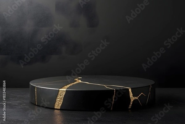 Fototapeta Black background with a single round podium for minimalist product staging.

