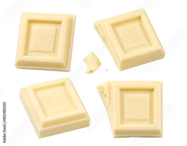 Fototapeta Four delicious white chocolate squares and a tiny crumb, on black