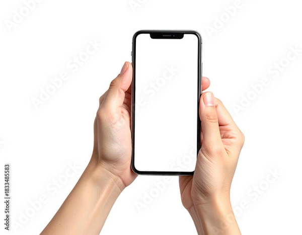 Fototapeta Hands holding a modern smartphone with a blank black screen