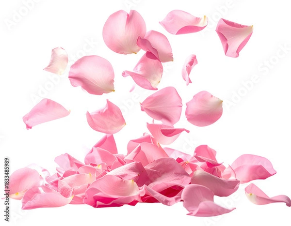 Fototapeta Pink rose petals falling and piled on a black background