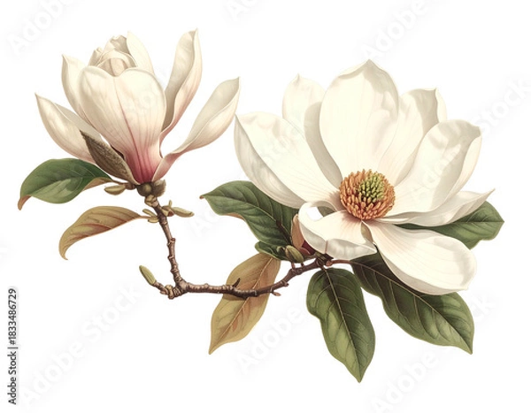 Fototapeta Two elegant white blooms on a branch with green and brown leaves