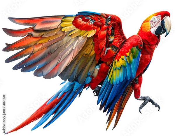Fototapeta Vibrant colorful macaw parrot with outstretched wings in flight