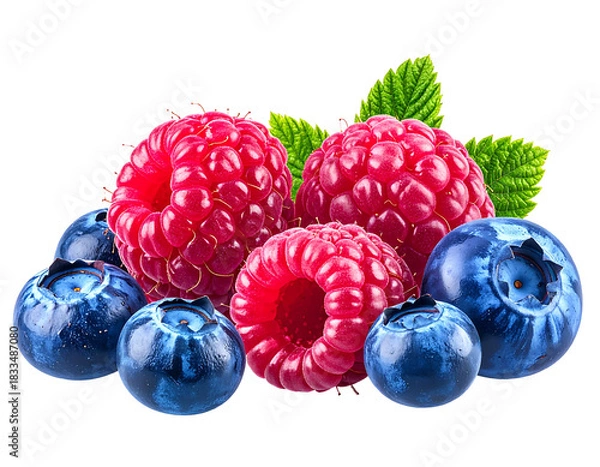 Fototapeta Vibrant pile of fresh raspberries and blueberries with green leaves