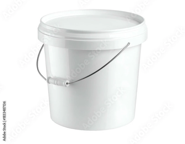 Fototapeta White plastic bucket with lid and metal handle on black background