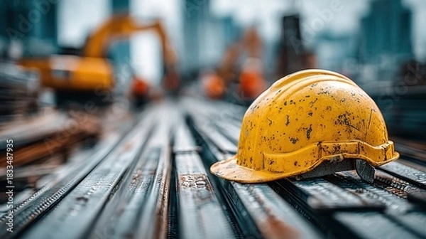 Fototapeta Construction site with safety helmet, tools and buildings on the background representing work