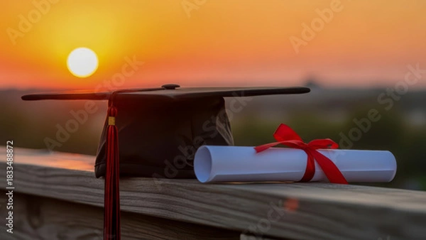 Fototapeta A graduation cap and diploma tied with a red ribbon represent dedication, perseverance, and educational success
