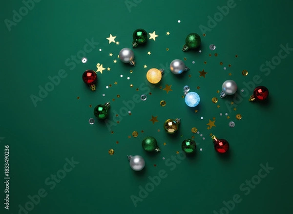 Fototapeta Colorful Christmas ornament scatter with glitter star confetti on green background creating festive holiday sparkle and cozy celebratory mood