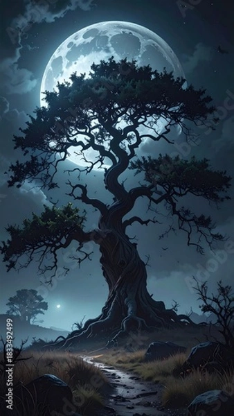 Obraz A solitary, gnarled ancient tree stands sentinel under the ethereal glow of a large, luminous full moon on a mysterious, cloudy night