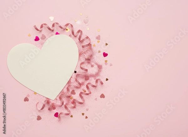 Fototapeta White paper heart card on pink background with ribbon confetti and glitter hearts creating romantic festive composition