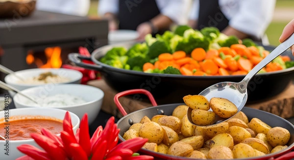 Obraz Outdoor Buffet with Roasted Potatoes, Steamed Vegetables, and Dips, Ready for Serving