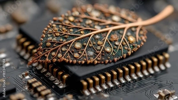 Fototapeta A Fusion of Nature and Technology: Leaf Embellishment on a Circuit Board Visual