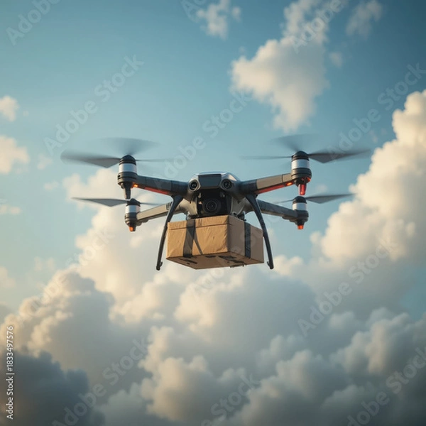 Obraz Aerial drone delivery service concept delivering package with cloud background