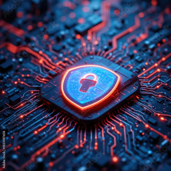 Obraz Cyber security concept of shield lock on computer chip with network lines