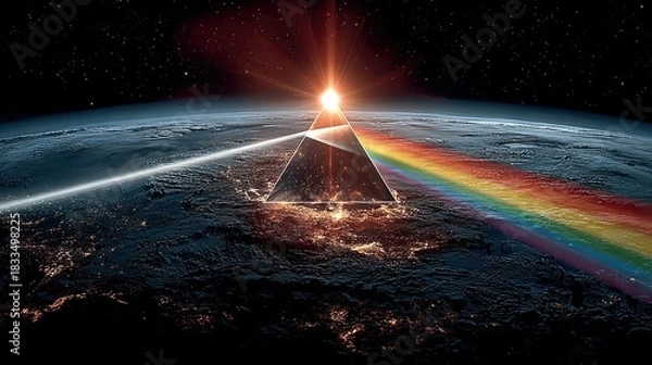 Fototapeta Abstract artwork of a prism refracting light into a rainbow over planet earth