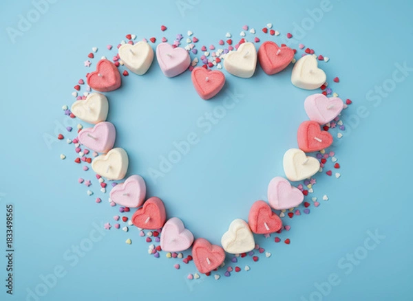 Fototapeta Heart shaped marshmallow candies and small sprinkles arranged in heart on blue background, pastel pink red and white confections creating romantic playful composition