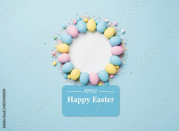 Fototapeta Pastel Easter egg wreath with confetti and greeting card on blue background, festive spring celebration mood, overhead composition, minimal flat lay