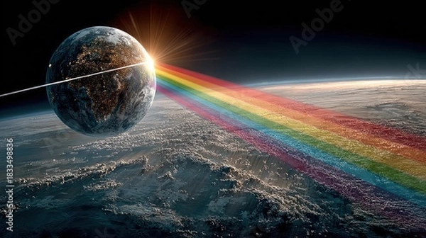 Fototapeta Earth in Space with Rainbow and Sunlight, a Colorful Illustration of the Planet