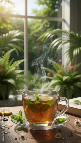 Fototapeta Steaming cup of herbal tea with lemon slice and fresh mint on saucer by sunny window surrounded by green potted ferns and chamomile flowers, warm cozy natural morning mood