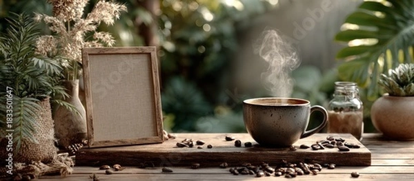 Fototapeta Aesthetic coffee and decor setup with frame and nature background creating a cozy atmosphere