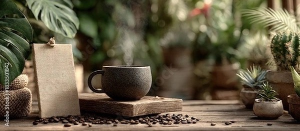 Fototapeta Aesthetic coffee cup with greenery and rustic elements on a wooden table, cozy scene