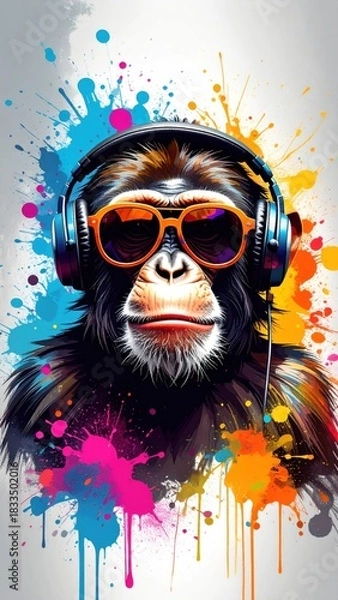 Obraz Vibrant Monkey DJ with Sunglasses and Headphones, Surrounded by Colorful Paint Splatters
