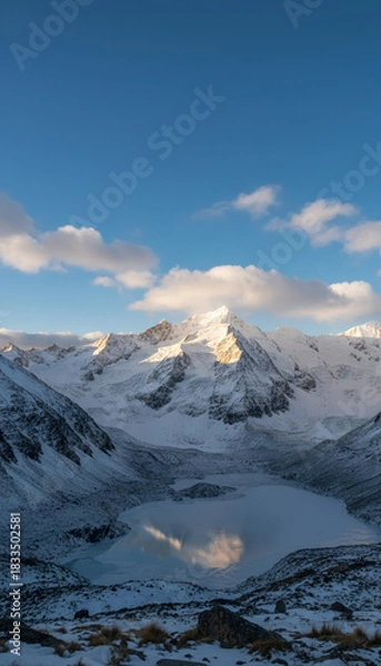 Fototapeta Snow covered mountain peak reflecting in frozen alpine lake under blue sky with soft clouds at sunrise, serene cold landscape with glacier and rocky foreground