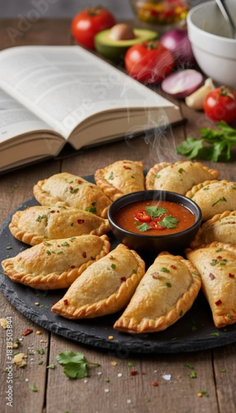 Fototapeta Golden baked empanada arranged around steaming tomato dipping sauce on slate platter with fresh herbs and vegetables in background, cozy rustic food scene inviting and savory