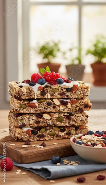 Fototapeta Crunchy granola bar stack topped with yogurt and fresh berry garnish displaying oats nut seed and dried fruit for healthy snack and breakfast inspiration