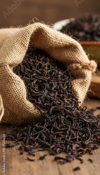 Fototapeta Loose dried black tea leaves spilling from burlap sack onto wooden surface, warm rustic scene with textured fabric and rich amber tones, inviting cozy beverage aroma and natural ingredient feeling