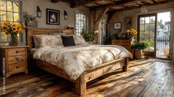 Fototapeta Rustic bedroom with wooden bed frame and sunflowers with a beautiful view