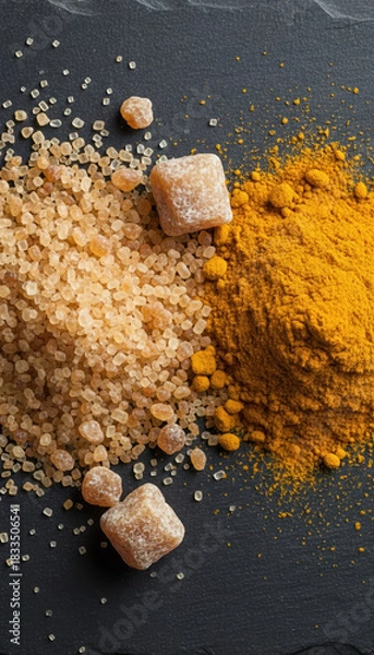 Fototapeta Golden brown rock sugar and bright turmeric powder on dark slate, warm aromatic spice and sweet crystal sugar contrast in texture and color, inviting culinary use and cozy sensory appeal