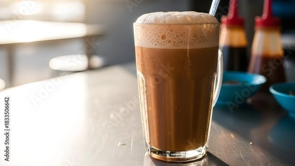 Fototapeta Refreshing Iced Milk Tea with Frothy Foam in a Glass, Cafe Setting.