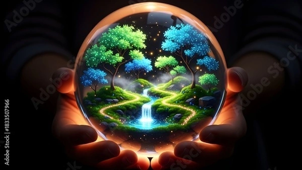 Obraz A glowing, transparent sphere containing a miniature, magical landscape of bright green and blue trees, rolling hills, and a waterfall, is being gently held in cupped hands against a dark background.